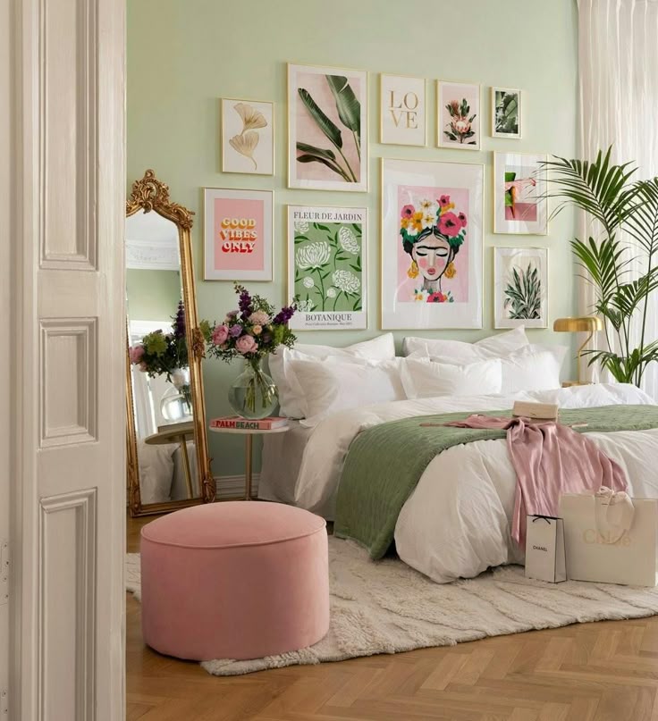 pink and sage room decor